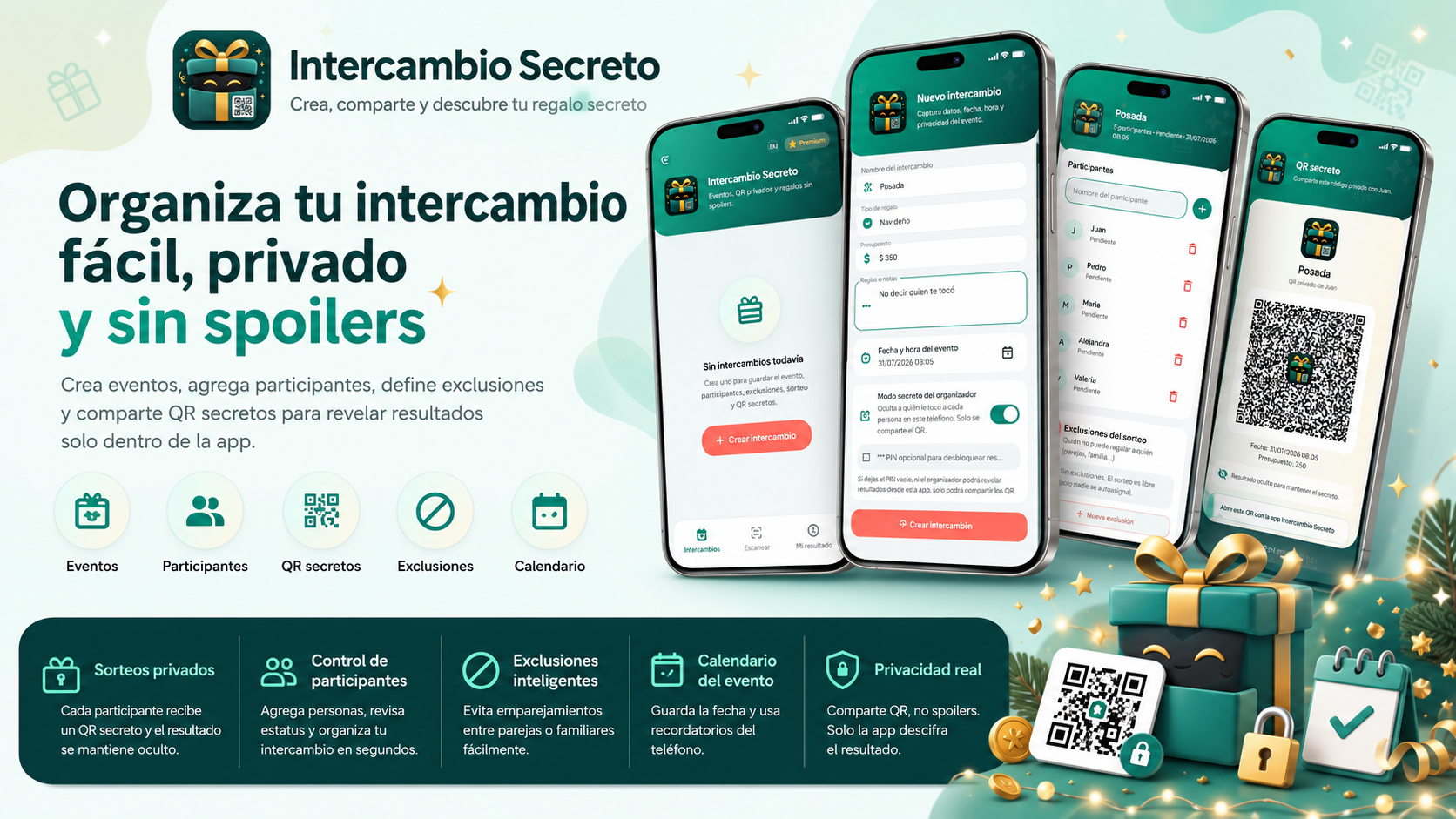 Funciones y pantallas principales de Intercambio Secreto QR